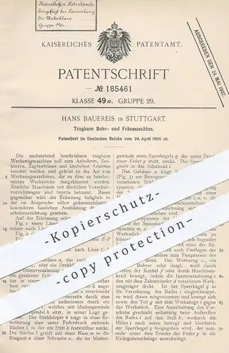 original Patent - Hans Bauereis , Stuttgart , 1906 , Tragbare Bohrmaschine , Fräsmaschine | Bohren , Fräsen , Bohrer !!