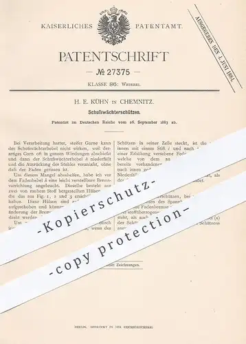 original Patent - H. E. Kühn , Chemnitz , 1883 , Schusswächterschützen | Webschützen , Weber , Weben , Webstuhl !!