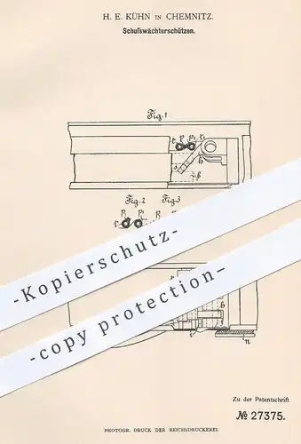 original Patent - H. E. Kühn , Chemnitz , 1883 , Schusswächterschützen | Webschützen , Weber , Weben , Webstuhl !!