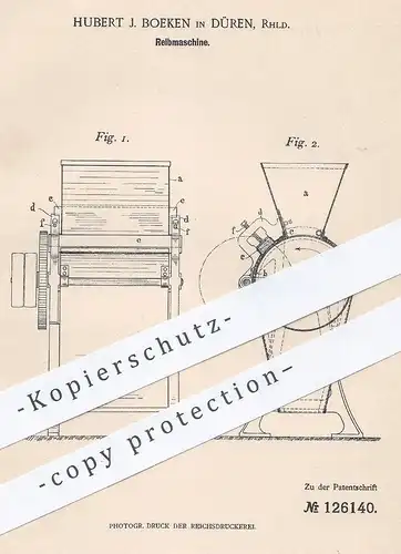 original Patent - Hubert J. Boeken , Düren , 1901 , Reibmaschine |  Reibemaschine | Gemüse Reibe , Reiben !!!
