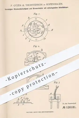 original Patent - P. Otzen & Thorstenson , Kopenhagen , 1900 , Stromschlussstöpsel u. Stromschalter | Strom , Elektriker