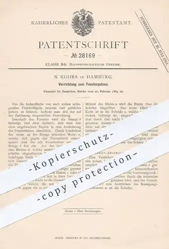 original Patent - N. Kohrs , Hamburg , 1884 , Vorrichtung zum Fensterputzen | Fensterputzer , Fenster - Reinigung !!