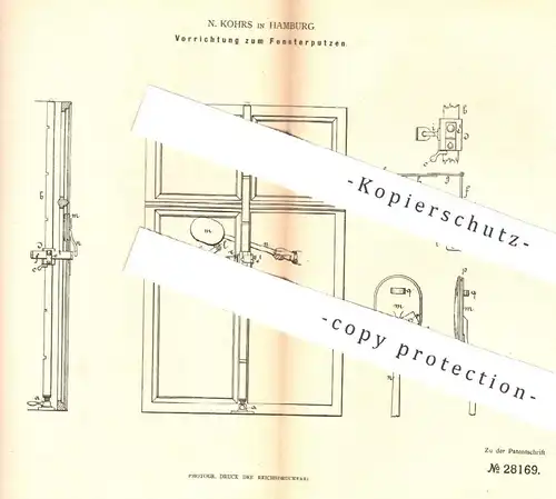 original Patent - N. Kohrs , Hamburg , 1884 , Vorrichtung zum Fensterputzen | Fensterputzer , Fenster - Reinigung !!