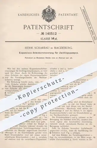 original Patent - Herm. Scharbau , Magdeburg , 1901 , Schiebersteuerung für Zwillingspumpen | Pumpe , Pumpen !!!