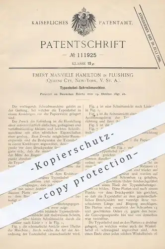 original Patent - Emery Manville Hamilton , Flushing , Quenns , New York , USA , 1897 , Typenhebel - Schreibmaschine !!!