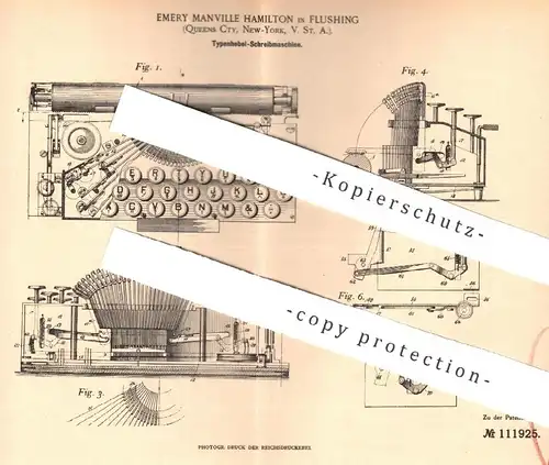 original Patent - Emery Manville Hamilton , Flushing , Quenns , New York , USA , 1897 , Typenhebel - Schreibmaschine !!!