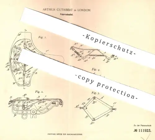 original Patent - Arthur Cuthbert , London , 1899 , Fahrradsattel | Sattel , Fahrrad , Fahrräder , Sattler , Leder !!!