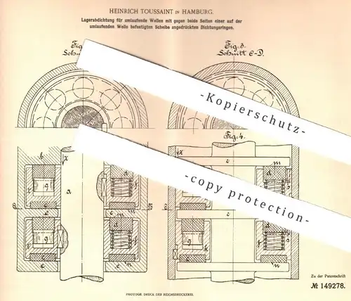 original Patent - Heinrich Toussaint , Hamburg , 1903 , Lagerabdichtung für umlaufende Wellen | Motor , Motoren !!