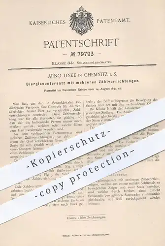 original Patent - Arno Linke , Chemnitz / Sachsen , 1894 , Bierglasuntersatz mit Zählwerk | Bier , Bierglas , Zapfanlage