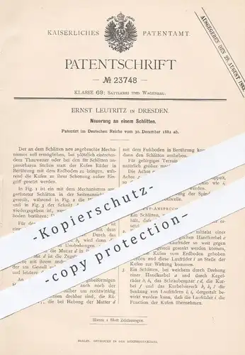 original Patent - Ernst Leutritz , Dresden , 1882 , Schlitten mit Kufen , Räder | Sattlerei , Wagenbau , Wintersport !!!
