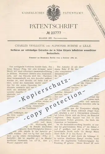 original Patent - Charles Violette , Alphonse Buisine , Lille , 1882 , Extraktion der in Fett enthaltenen Bestandteile !