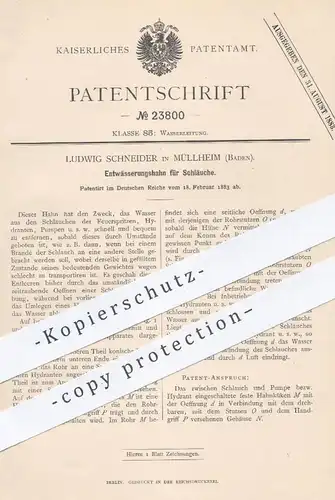 original Patent - Ludwig Schneider , Müllheim  1883 , Entwässerungshahn für Schläuche | Wasserhahn , Schlauch , Klempner