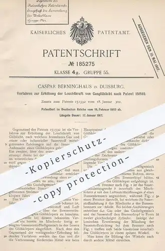 original Patent - Caspar Berninghaus , Duisburg , 1903 , Erhöhung der Leuchtkraft von Gasglühlicht | Gas , Glühlampe