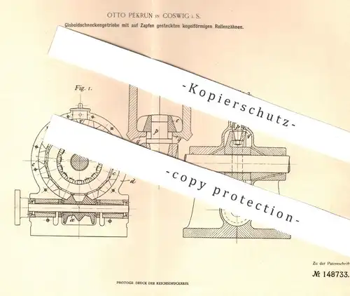 original Patent - Otto Pekrun , Coswig , Sachsen , 1901 , Globoidschneckengetriebe | Getriebe , Motor , Maschinen