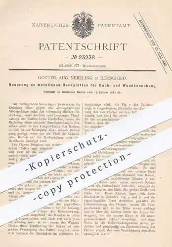 original Patent - Gottfr. Aug. Nebeling , Remscheid , 1883 , Metallplatten für Dach u. Wände | Dachdecker , Hochbau !!!