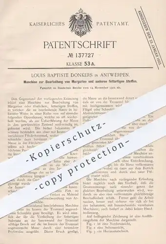 original Patent - Louis Baptiste Donkers , Antwerpen , 1901 , Bearbeitung von Margarine u. Fett | Butter , Walze !!