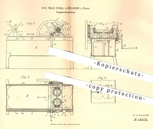 original Patent - Joh. Wilh. Pohl , Mülheim / Rhein , 1888 , Teigknetmaschine | Bäcker , Bäckerei , Backen !!