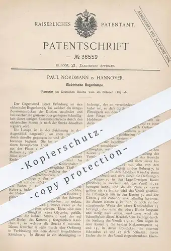 original Patent - Paul Nordmann , Hannover , 1885 , Elektrische Bogenlampe | Lampe , Licht , Strom , Elektriker !!