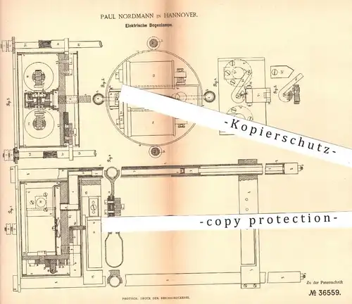 original Patent - Paul Nordmann , Hannover , 1885 , Elektrische Bogenlampe | Lampe , Licht , Strom , Elektriker !!