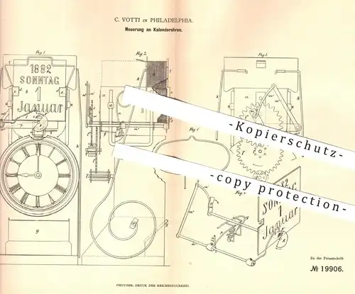 original Patent - C. Votti , Philadelphia , USA , 1882 , Kalenderuhr | Kalender , Uhr , Uhren , Uhrwerk , Uhrmacher !!!