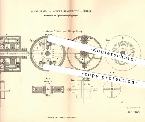 original Patent - Franz Braun u. Albert Stackfleth , Berlin , 1882 , Zylinderreibungskupplung | Kupplung , Eisenbahn !!