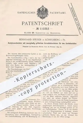 original Patent - Bernhard Speiser , Königsberg , Preussen  1899 , Acetylenentwickler | Acetylen , Karbid , Gas , Chemie