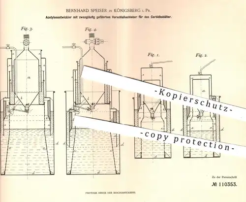 original Patent - Bernhard Speiser , Königsberg , Preussen  1899 , Acetylenentwickler | Acetylen , Karbid , Gas , Chemie