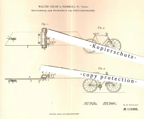 original Patent - Walter Grube , Hamburg / St. Georg , 1899 , Verhindern von Fahrrad - Diebstahl | Schloss | Sicherung