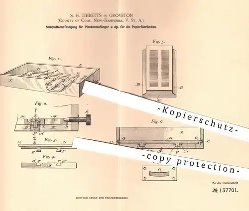 original Patent - S. H. Tibbets , Groveton , Coos , New Hampshire , USA 1902 , Siebplattenbefestigung | Papier - Fabrik