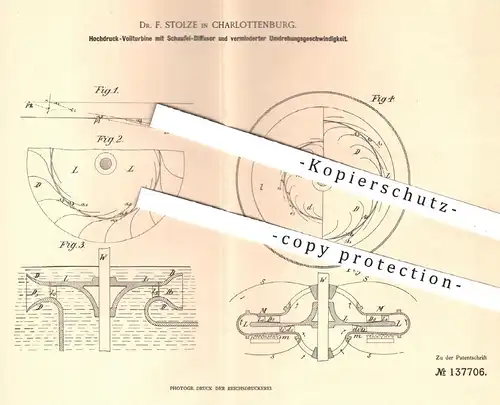 original Patent - Dr. F. Stolze , Berlin / Charlottenburg , 1900 , Hochdruck - Vollturbine mit  Diffusor | Turbine !!