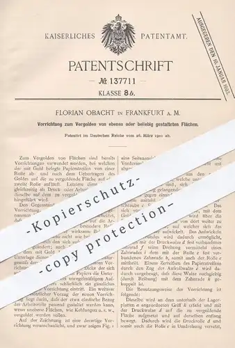 original Patent - Florian Obacht , Frankfurt / Main 1901 , Vergolden von Flächen | Gold , Blattgold , Stuckateur , Druck