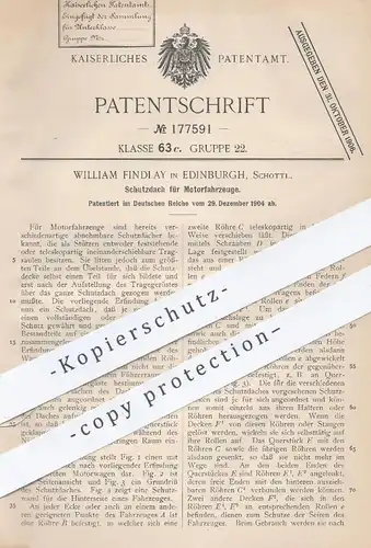 original Patent - William Findlay , Edinburgh , Schottland , 1904 , Schutzdach für Motorfahrzeuge | Automobil , Cabrio