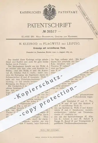 original Patent - H. Kleinod , Leipzig / Plagwitz 1885 , Kreissäge | Säge , Sägen , Holzsäge , Holz , Tischler , Förster