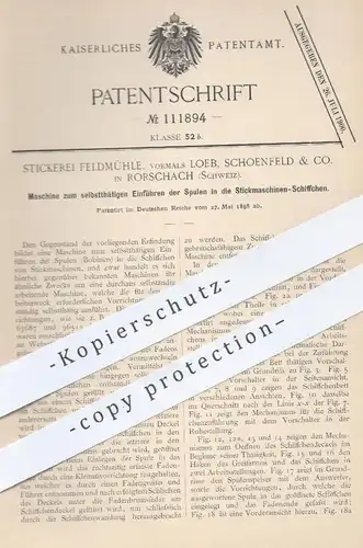 original Patent - Stickerei Feldmühle | Loeb , Schoenfeld & Co. , Rohrschach , Schweiz , 1898 , Spulen der Stickmaschine