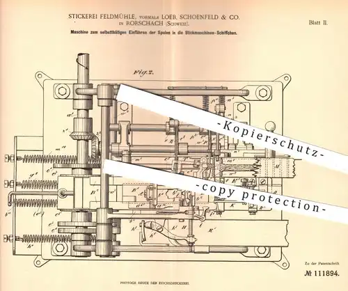 original Patent - Stickerei Feldmühle | Loeb , Schoenfeld & Co. , Rohrschach , Schweiz , 1898 , Spulen der Stickmaschine