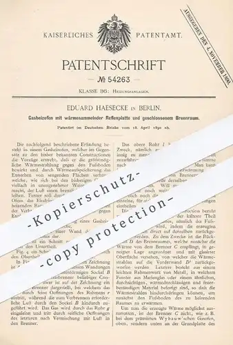 original Patent - Eduard Haesecke , Berlin , 1890 , Gasheizofen | Gasofen , Heizung , Ofen , Ofenbauer , Gas !!
