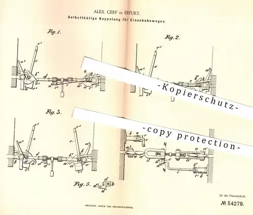 original Patent - Alex. Cerf , Erfurt , 1890 , Kupplung für Eisenbahnwagen | Eisenbahn , Eisenbahnen , Lokomotive