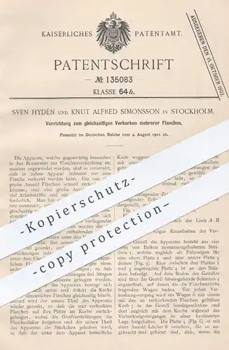 original Patent - Sven Hydén u. Knut Alfred Simonsson , Stockholm , 1901 , Verkorken mehrerer Flaschen | Kork , Korken !