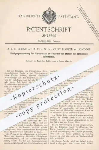 original Patent - A. L. G. Dehne , Halle / Saale u. Curt Harzer , London , 1894 , Reinigung an Filterpressen | Presse !!