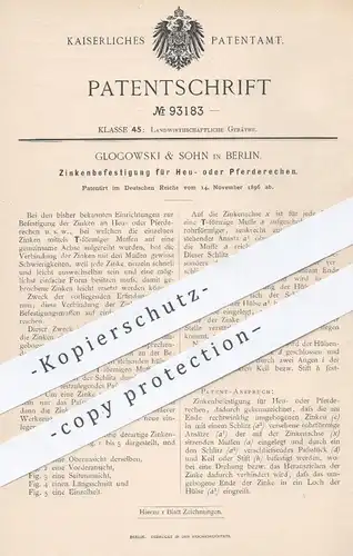 original Patent - Glogowski & Sohn , Berlin , 1896 ,  Zinkenbefestigung für Heurechen o. Pferderechen | Zinken an Rechen