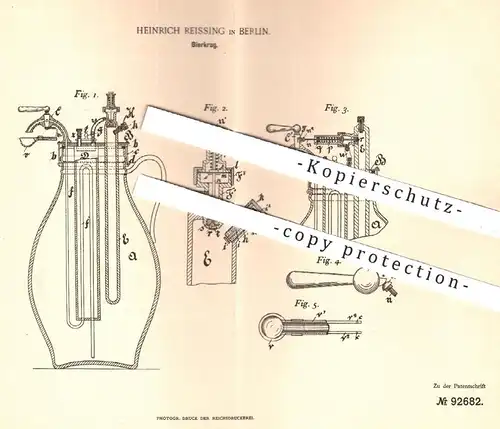 original Patent - Heinrich Reissing in Berlin , 1894 , Bierkrug | Krug für Bier | Glas , Flasche , Bierfass , Brauerei