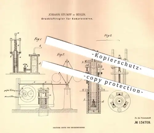 original Patent - Johann Stumpf , Berlin , 1901 , Druckluftregler für Kompressor | Druckluft - Regler , Motor , Motoren