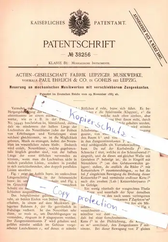 original Patent - Actien-Gesellschaft Fabrik Leipziger Musikwerke in Gothlis bei Leipzig , 1885 , Musikinstrumente !!!