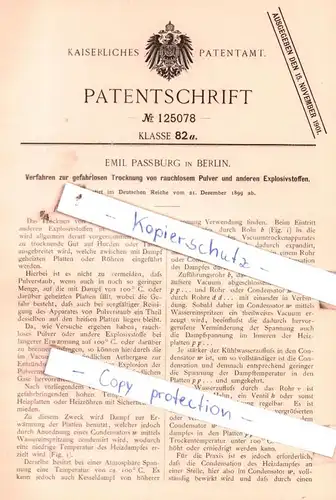 original Patent - Emil Passburg in Berlin , 1899 , Trocknung von Pulver und anderen Explosivstoffen !!!