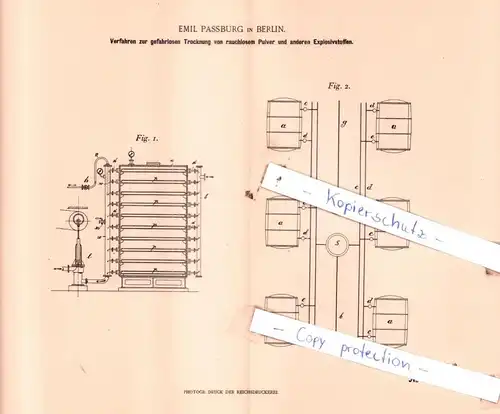 original Patent - Emil Passburg in Berlin , 1899 , Trocknung von Pulver und anderen Explosivstoffen !!!