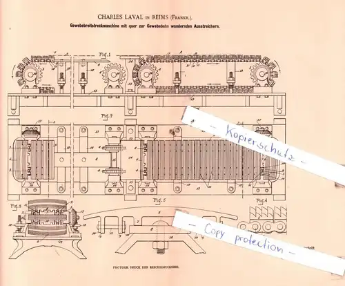 original Patent - Charles Laval in Reims , Frankr. , 1900 , Gewebebreitstreckmaschine !!!