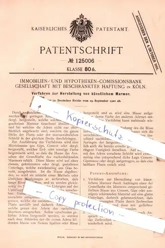 original Patent - Immobilien- und Hypotheken-Commissionsbank in Köln , 1900 , Herstellung von Marmor !!!