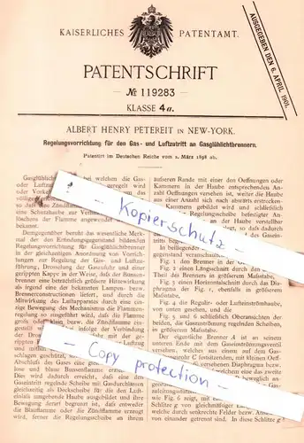original Patent - A. H. Petereit in New-York , 1898 , Gas- und Luftzutritt an Gasglühlichtbrennern !!!