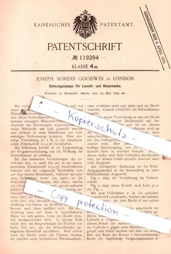 original Patent - Joseph Somers Goodwin in London , 1899 , Schwelgaslampe für Leucht- und Heizzwecke !!!