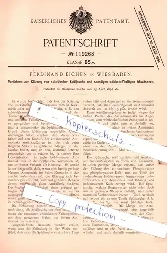 original Patent - Ferdinand Eichen in Wiesbaden , 1897 , Verfahren zur Klärung von Spüljauche !!!